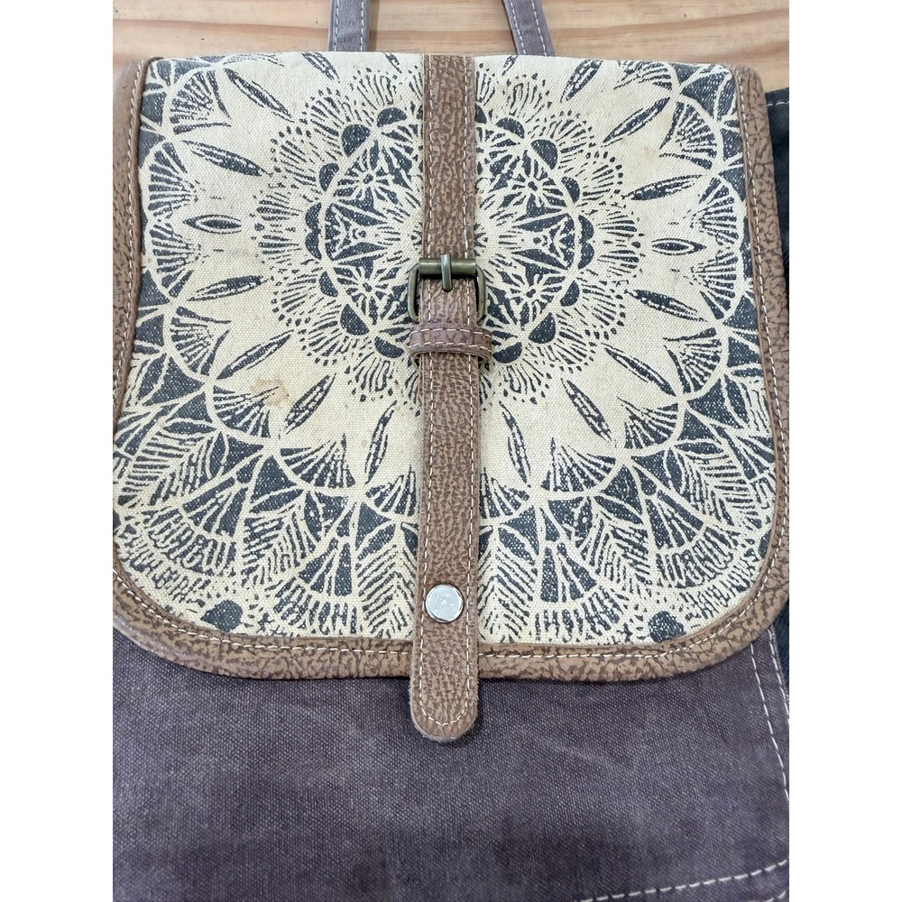 P- 012- Myra Bag Canvas Leather Mandala Print Backpack Purple Brown Boho Bag